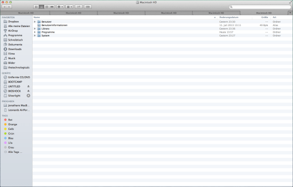Der neue Finder samt mehrerer Tabs und den neuen Tags.